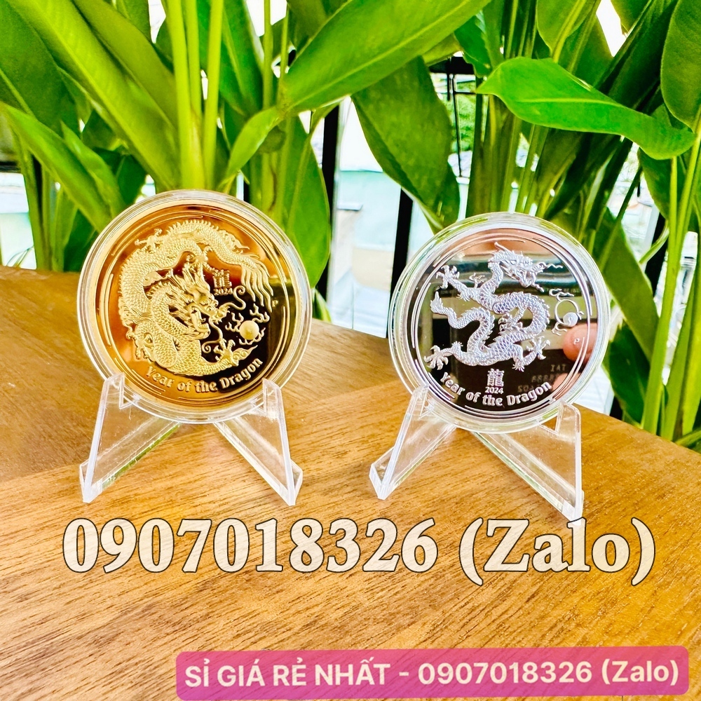 Combo 2 GIÁ TRƯNG BÀY + Cặp 2 Đồng Xu hình con Rồng Vàng Bạc Lì Xì Tết 2024 của Úc