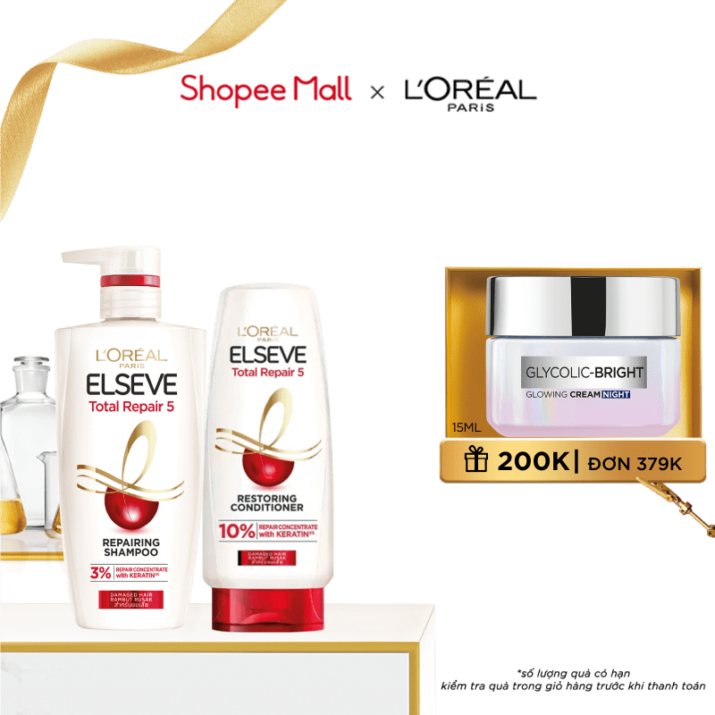 Bộ dầu gội 620ml và dầu xả phục hồi tóc hư tổn 280ml L'Oreal Paris Elseve Total Repair 5