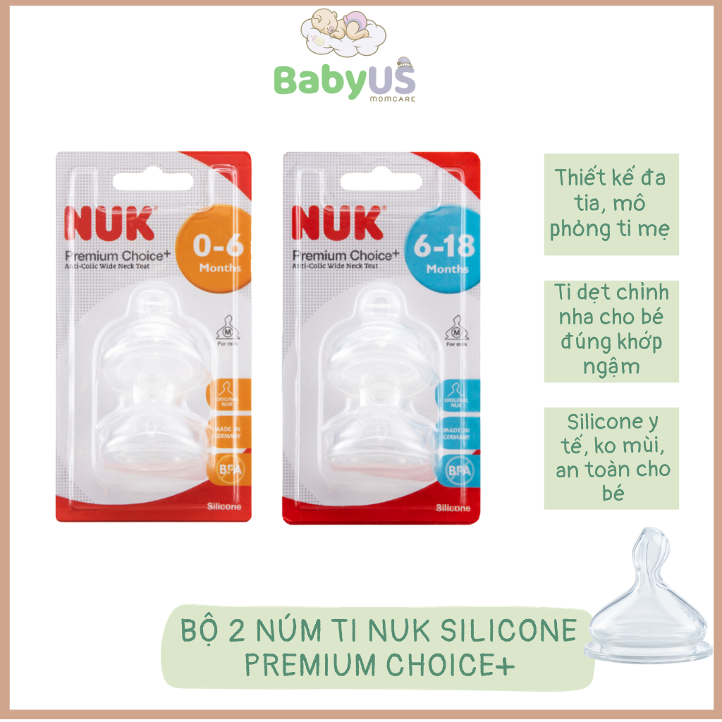 Bộ 2 Núm Ti NUK Premium Choice+ Silicone cho bé ti dẹt chỉnh nha [BabyUS]