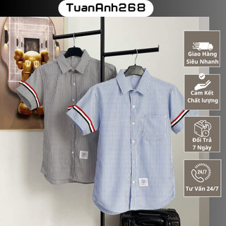 Áo sơ mi kẻ sọc xám - sọc xanh ngắn tay vải cotton lụa cao cấp - hàng mới về