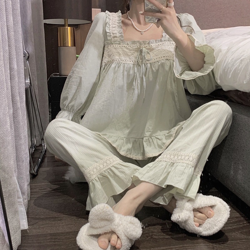 Bộ Pijama xanh mint bèo tiểu thư chất thô đũi cao cấp - L023