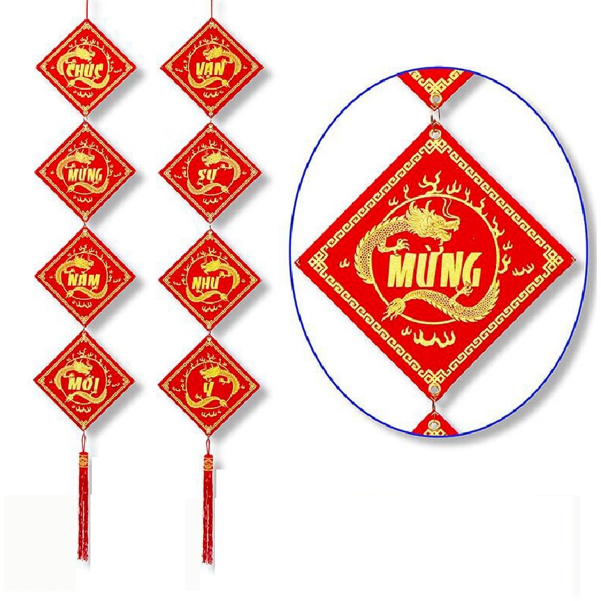 Dây treo nhung đỏ 4 chữ viền rồng TL13 tramg trí tết