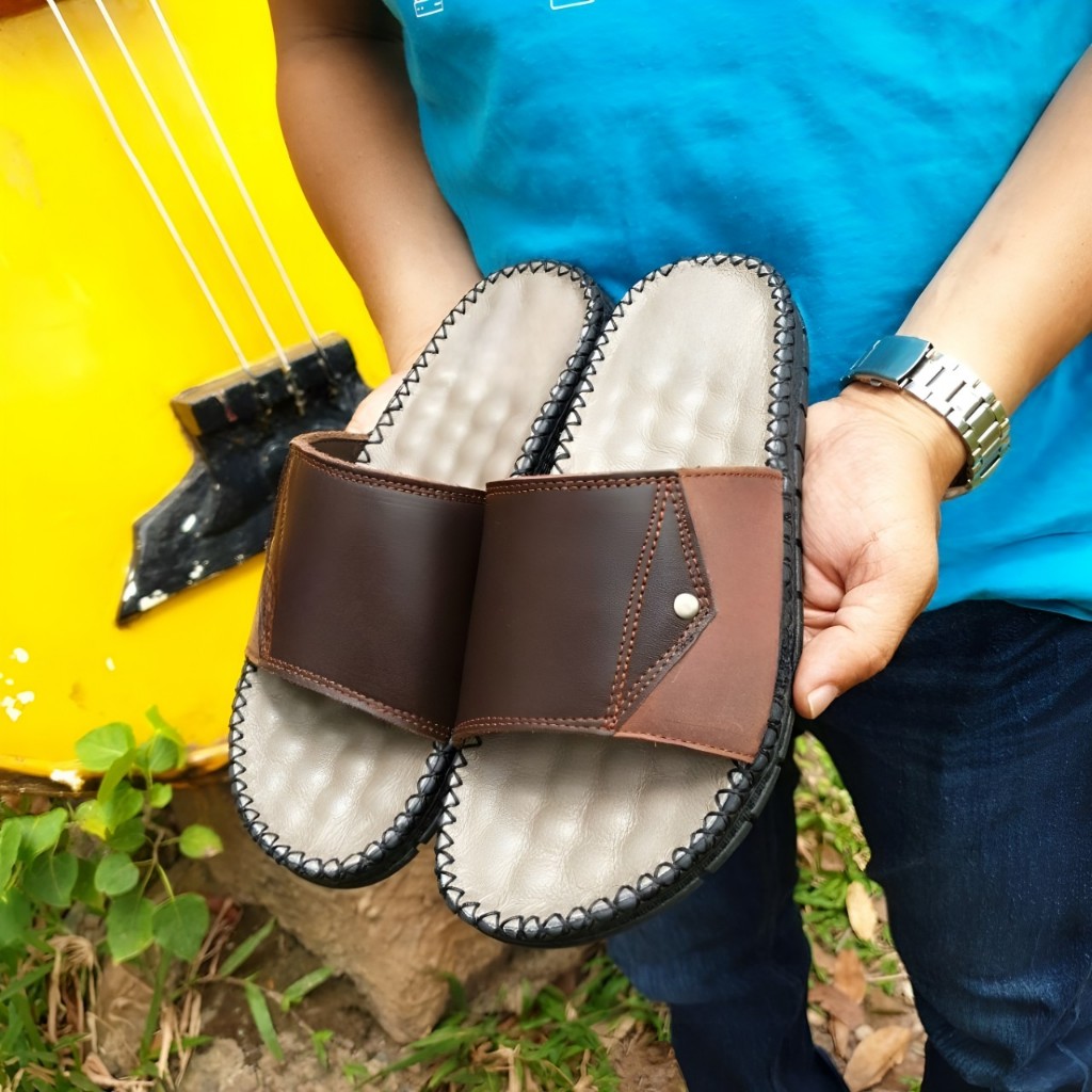 Dép nam, dép da quai ngang da bò cao cấp phối 2 màu da trẻ trung chất da mềm mại CHYACHY C208