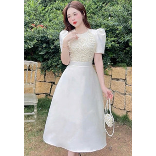  Đầm thời trang nữ mặc đi tiệc chất TAPTA phối ren xịn cao cấp tay ngắn có mút ngực váy xoè midi ngang gối một màu trắng 