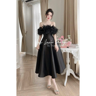 Đầm váy dự tiệc thời trang cao cấp chuẩn shop nữ chất Tapta cứng trễ vai phối hoa lông mịn cúp ngực váy xoè maxi 2 màu