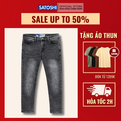 Quần jean nam Satoshi SAQJ34 xám trơn wash basic, form slimfit co giãn trẻ trung