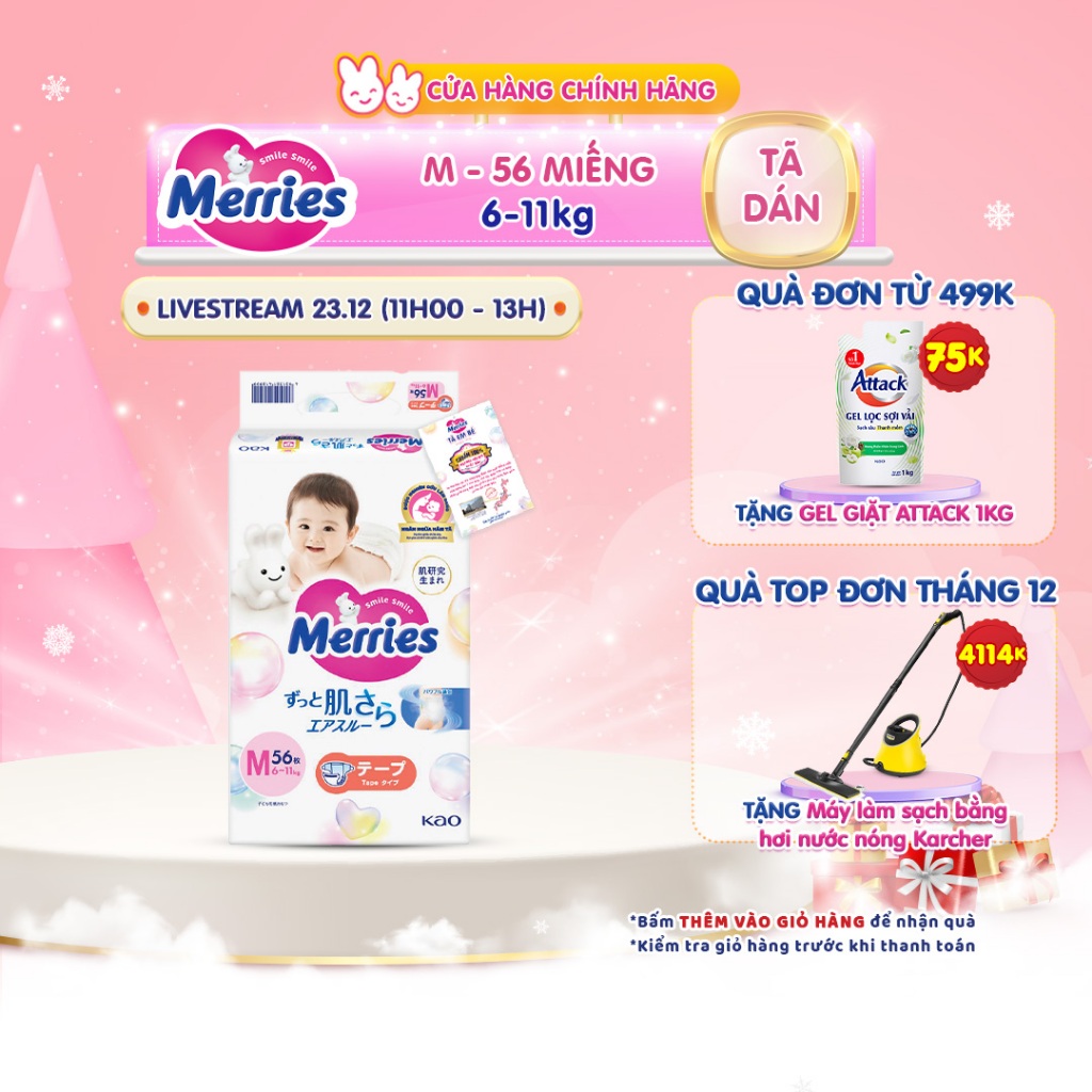 Tã/bỉm dán Merries size M - 56 miếng (dành cho bé từ 6 - 11kg) mới