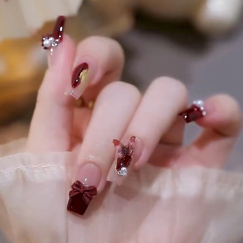 Nail Box 24 Móng Tay Giả Tết Đính Đá Đỏ