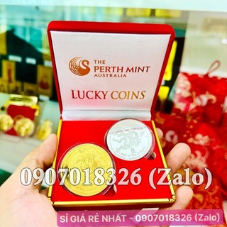 Combo 1 Đồng Tiền Xu Con Rồng Úc Vàng Bạc 204 - tặng kèm hộp nhung đỏ viền vàng cực chất