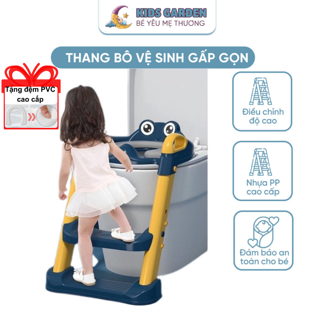 Bô cho bé có thang và nắp thu nhỏ bồn cầu gấp gọn tiện lợi dùng cho bé 1-8 tuổi, có sẵn tay vịn đi kèm, tặng đệm PVC