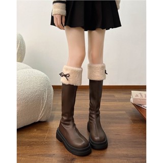 Giày bốt đùi nữ da trơn cổ lông đế độn phong cách retro tiểu thư