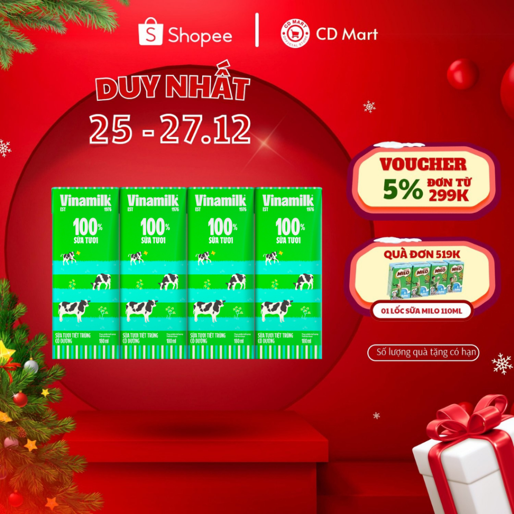 Thùng 48 hộp sữa tươi tiệt trùng Vinamilk có đường