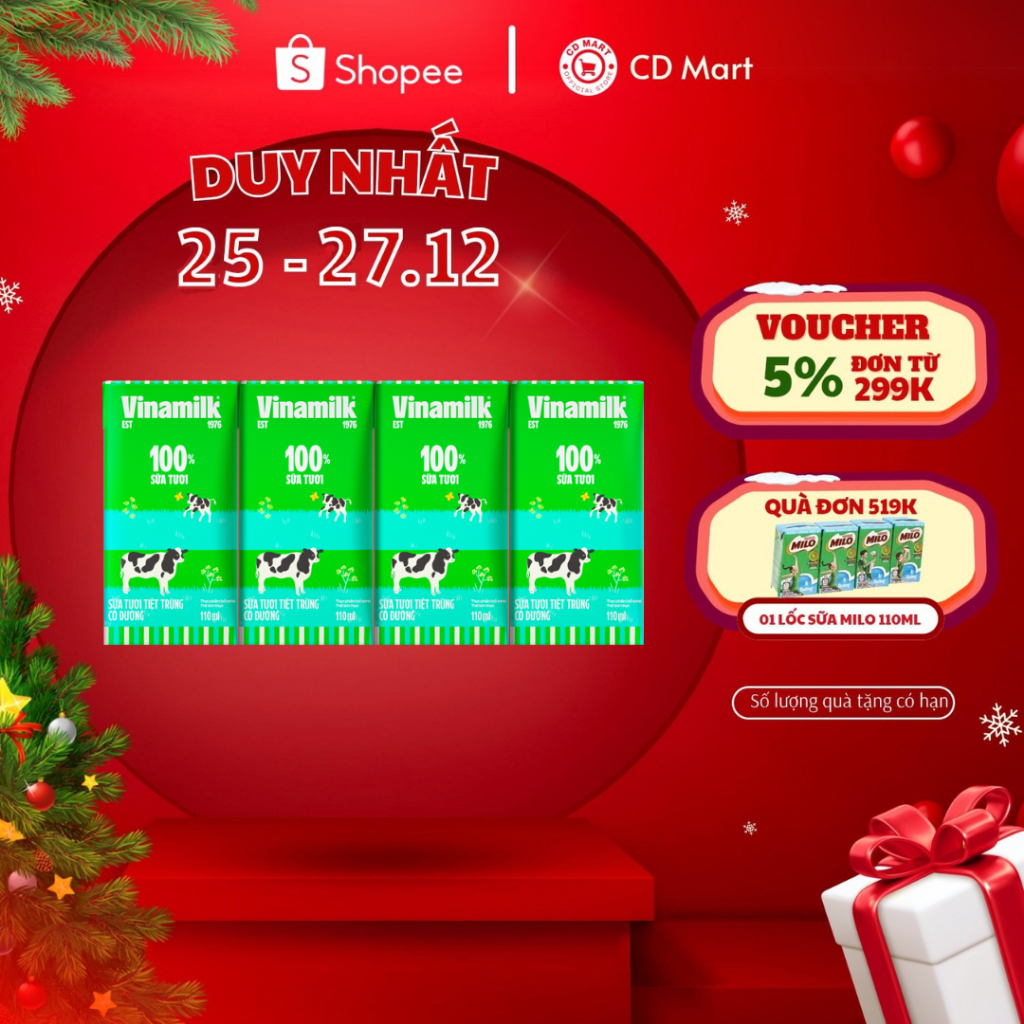 Thùng 48 hộp sữa tươi tiệt trùng Vinamilk có đường 110ml