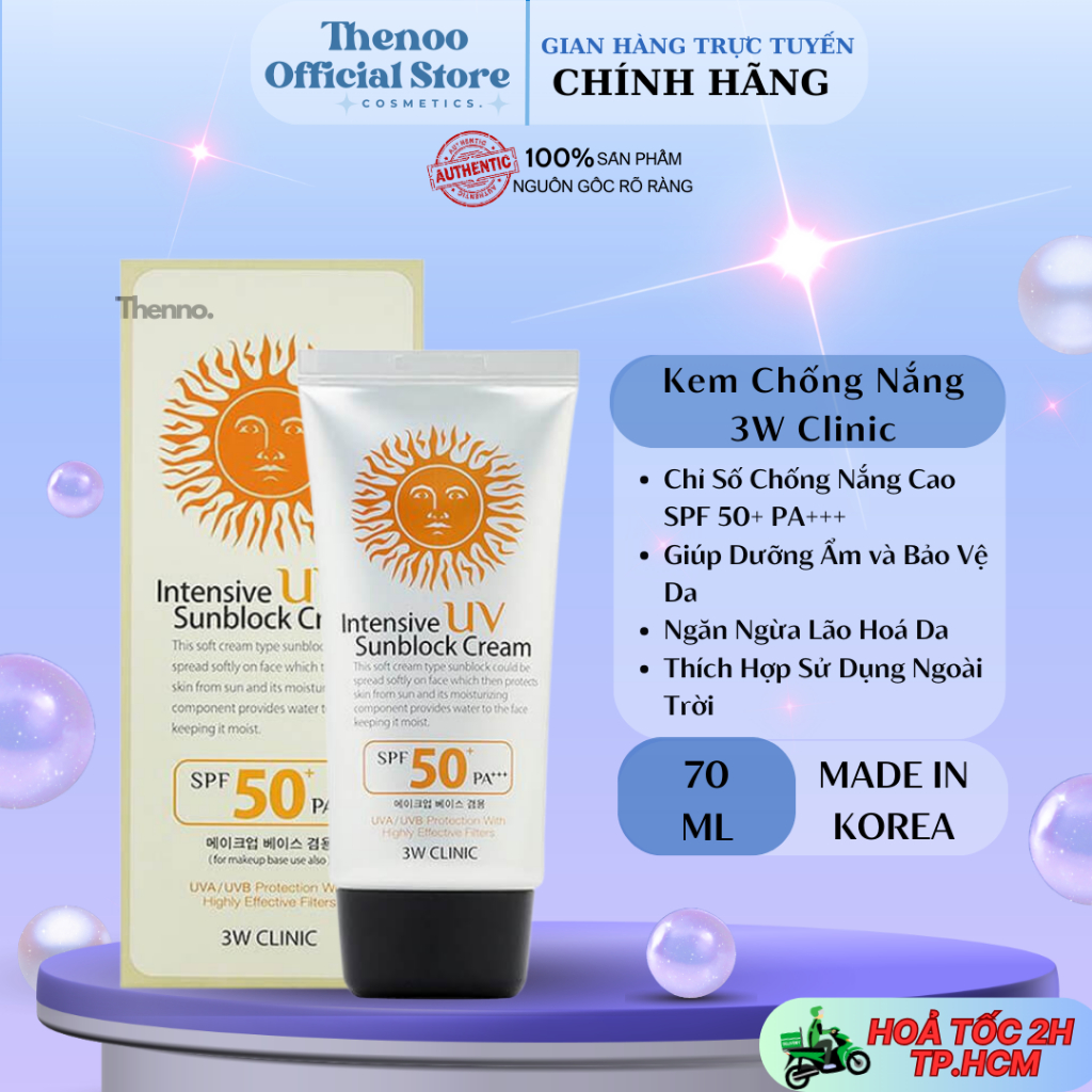 Kem Chống Nắng Hàn Quốc Dưỡng Ẩm,Trắng Da 3W Clinic UV Sunblock Cream SPF 50+ PA+++ 70ml - Chính Hãng