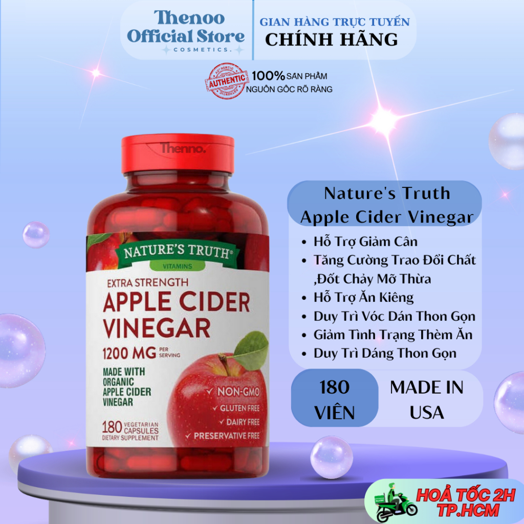 Viên Uống Giấm Táo Đỏ Giảm Cân Mỹ Apple Cider Vinegar 1200mg 180 viên
