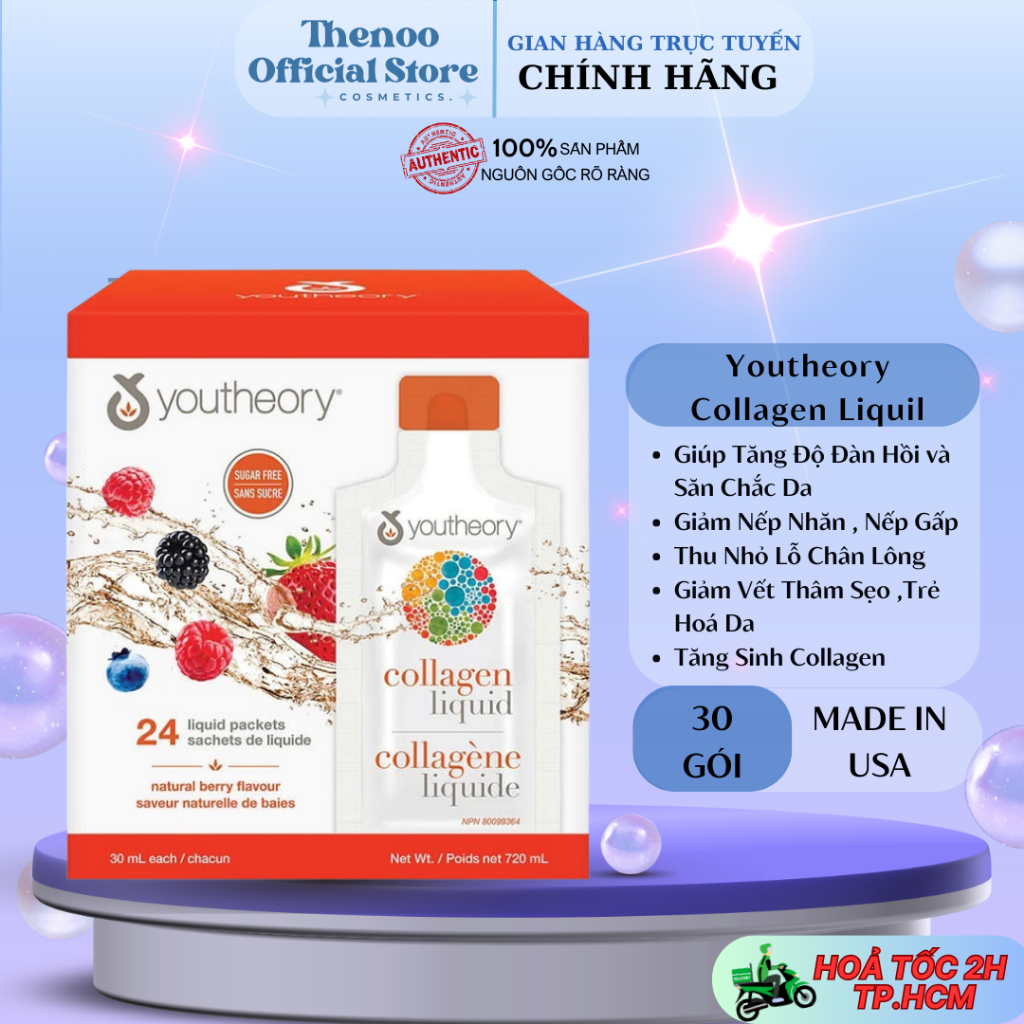 Nước Uống Bổ Sung Collagen Vị Dâu Youtheory Collagen Liquid Berry Flavor 30 gói x 30ml