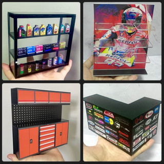 Mô hình quầy, bàn ghế, đồ nghề, tủ kệ garage showroom 1/12