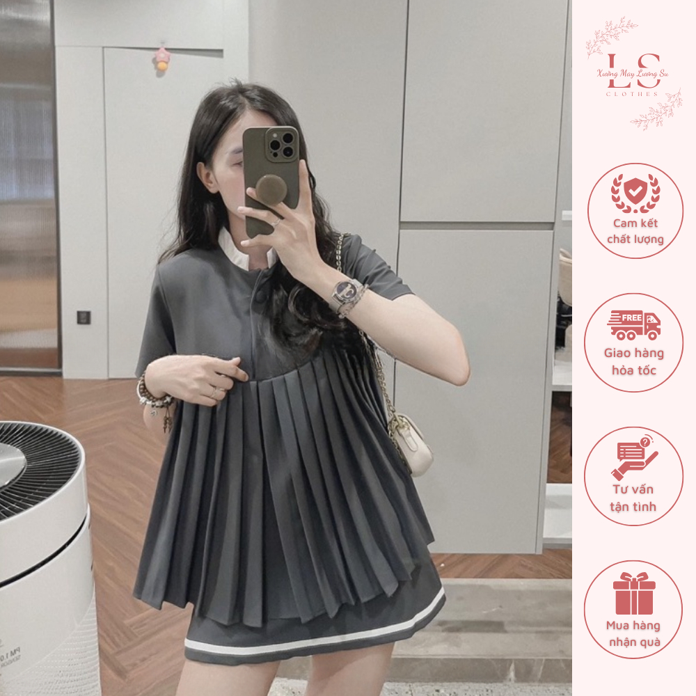 Set baby dol xám ly gấu mix chân váy viền trắng có quần trong siêu hot