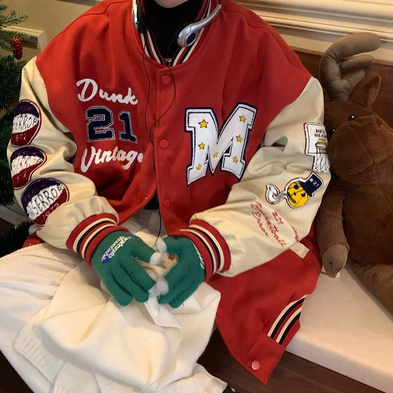 Áo khoác Varsity Jacket bomber bóng chày chữ lông cừu nổi màu đỏ / xanh than / xanh lá retro hiphop