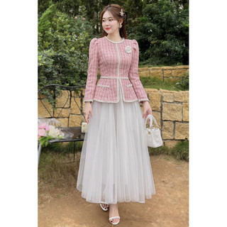  a430 Set váy thiết kế 2 chi tiết áo dạ peplum tặng cài hoa trà phối chân váy lưới Hàn trắng tinh khôi set váy cao cấp 
