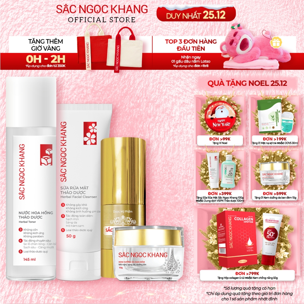 Combo dưỡng trắng diệu kỳ SẮC NGỌC KHANG 4 món [ Serum 20ml+ Kem dưỡng da 10g + Nước Hoa hồng  + Sữa rửa mặt 50g]