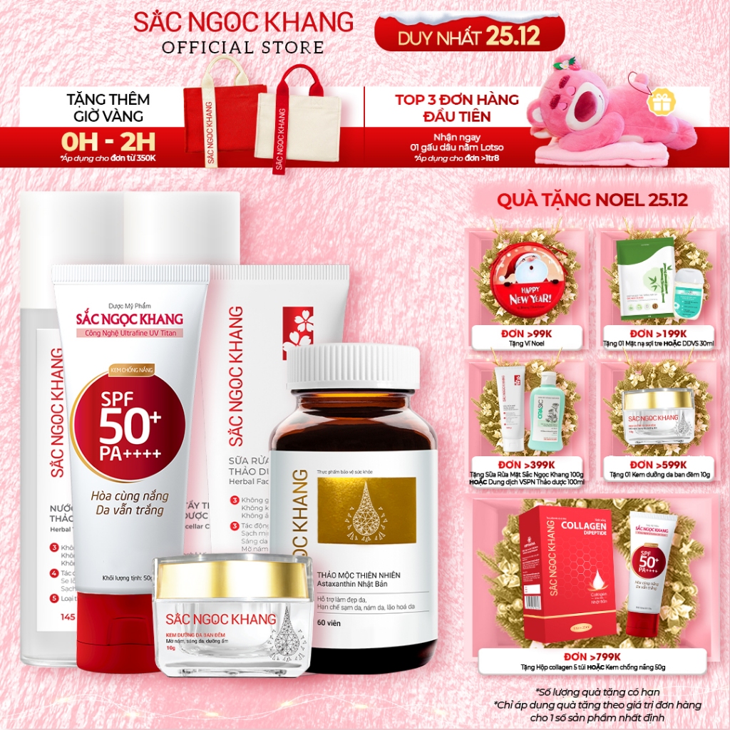 Bộ dưỡng da SẮC NGỌC KHANG giảm nám [viên uống vi tảo lục+kem10g+chống nắng+Sữa rửa mặt 50g+ nước hoa hồng+tẩy trang]