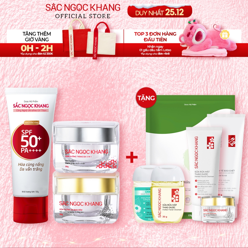 Combo Sắc Ngọc Khang 3 Món Mờ Nám - Nâng Tông - Bảo Vệ Toàn Diện (Kem Ngày 30g + Kem Đêm 30g + Kem Chống Nắng 50g)