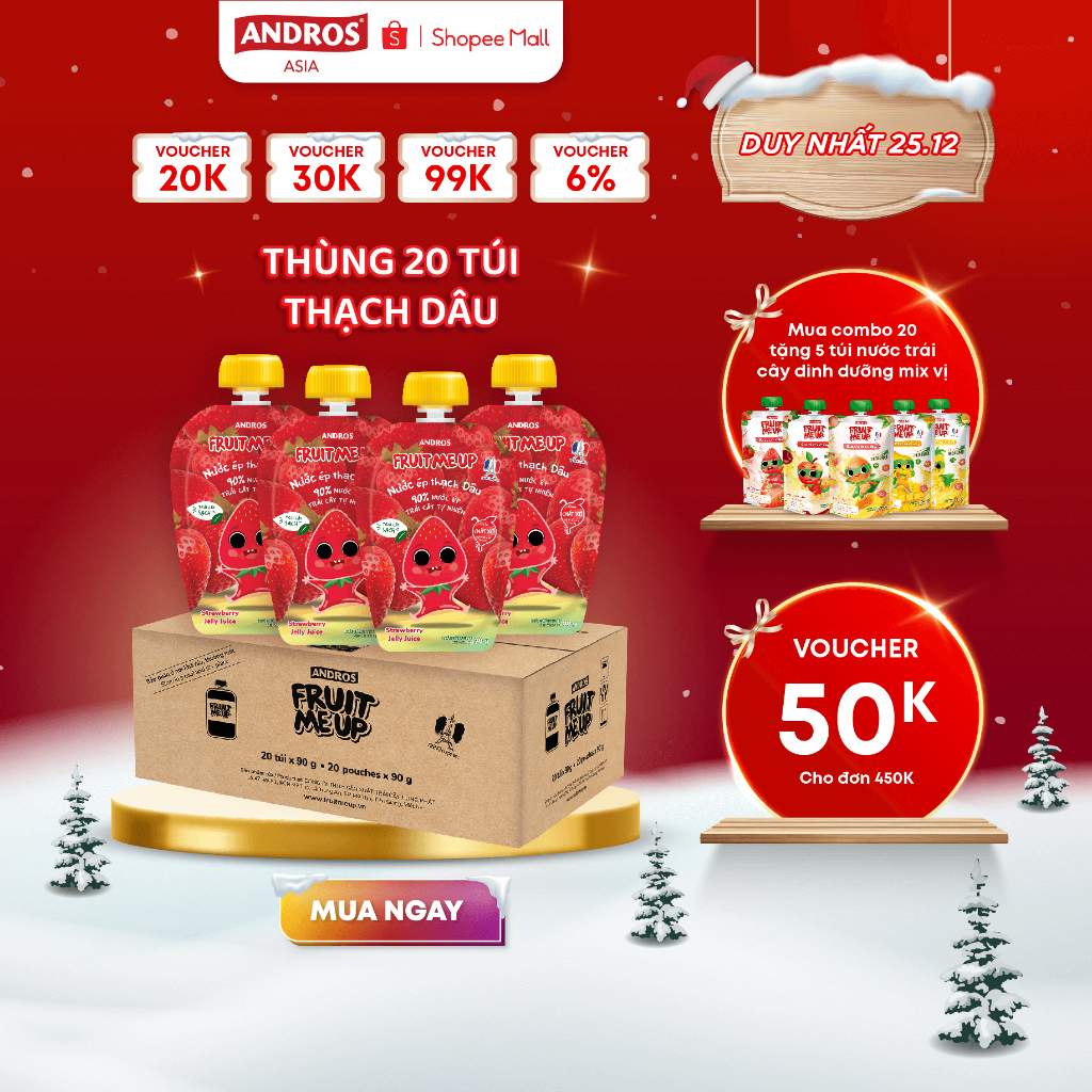 Thùng 20 Túi Thạch Vị Dâu - 90% Nước Ép Trái Cây Thật - ANDROS FRUIT ME UP - 90gx20