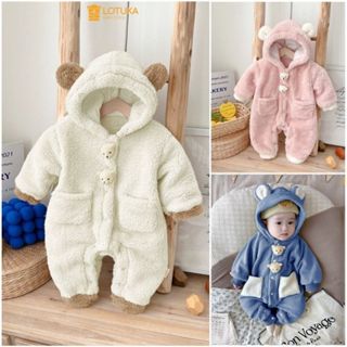Bodysuit Lông Cừu Siêu Mịn 2 Mặt Liền Mũ Đính Gấu Nổi Ấm Áp Cho Bé, Body LOTUKA Cho Bé Trai Bé Gái, Quần Áo Trẻ Em