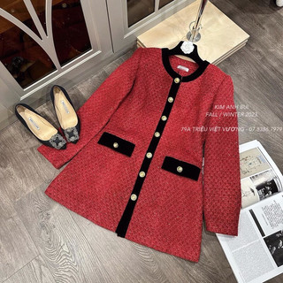 Đầm Dạ Đỏ Cao Cấp Hai Lớp Có Túi Nút Đồng Xịn Xò