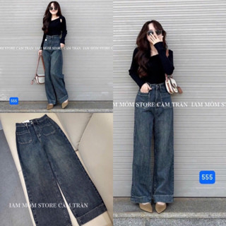 Quần jean bò ống rộng suông xuông baggy ống loe đứng nữ jeans rin cạp cao phong cách Hàn Quốc 2024