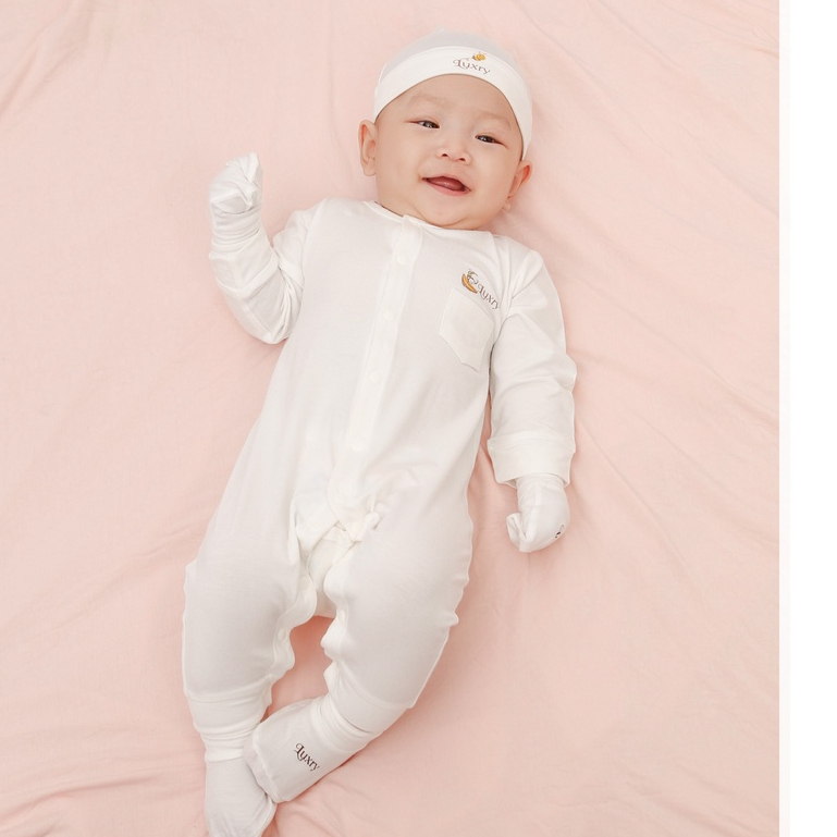 Bodysuit dài tay cài thẳng trơn đáng yêu cho bé vải sợi tre Luxry cho bé sơ sinh đến 18 tháng