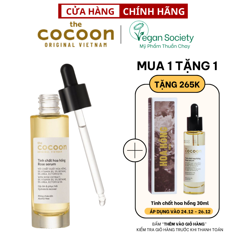SPECIAL DEAL - Tinh chất hoa hồng cocoon 30ml (rose serum) thuần chay - Vegan Society