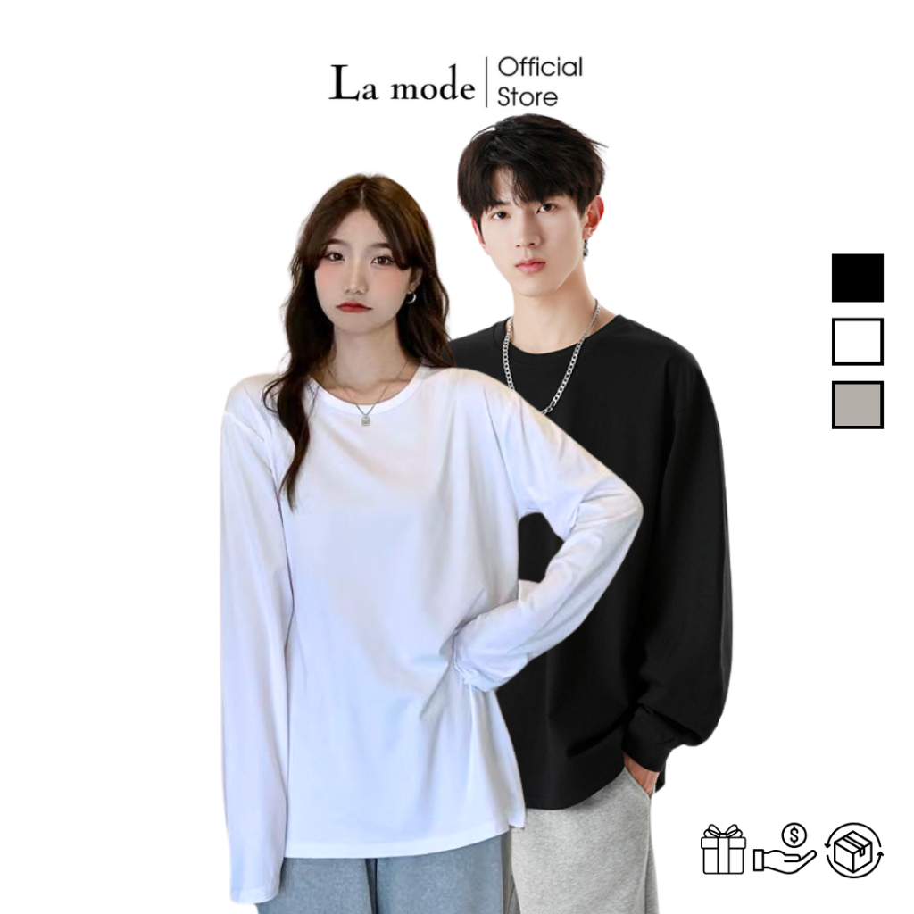 Áo Thun Dài Tay Trơn Basic Đen Trắng Xám Cổ Tròn Cho Nam Nữ Unisex Thời Trang Hàn Quốc - La mode
