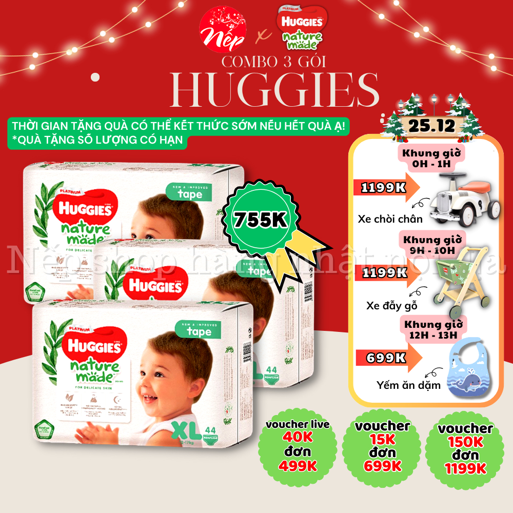 (Qùa 25.12) Combo 3 gói Tã/Bỉm dán/quần siêu cao cấp Huggies Platinum Nature Made - Hàng chính hãng size M58/L44/XL38/XX