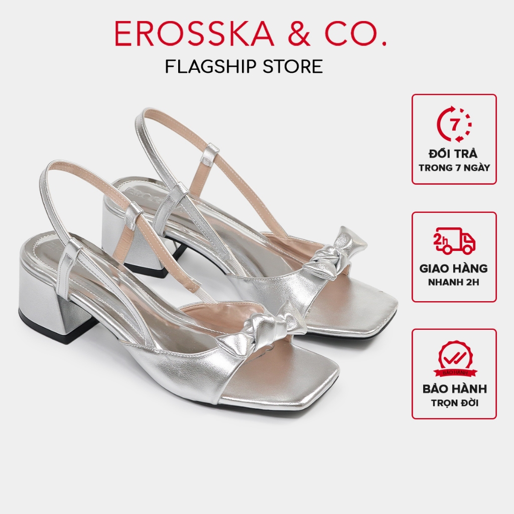 Erosska - Giày sandal cao gót nữ mũi vuông phối nơ quai mảnh màu bạc - EM113