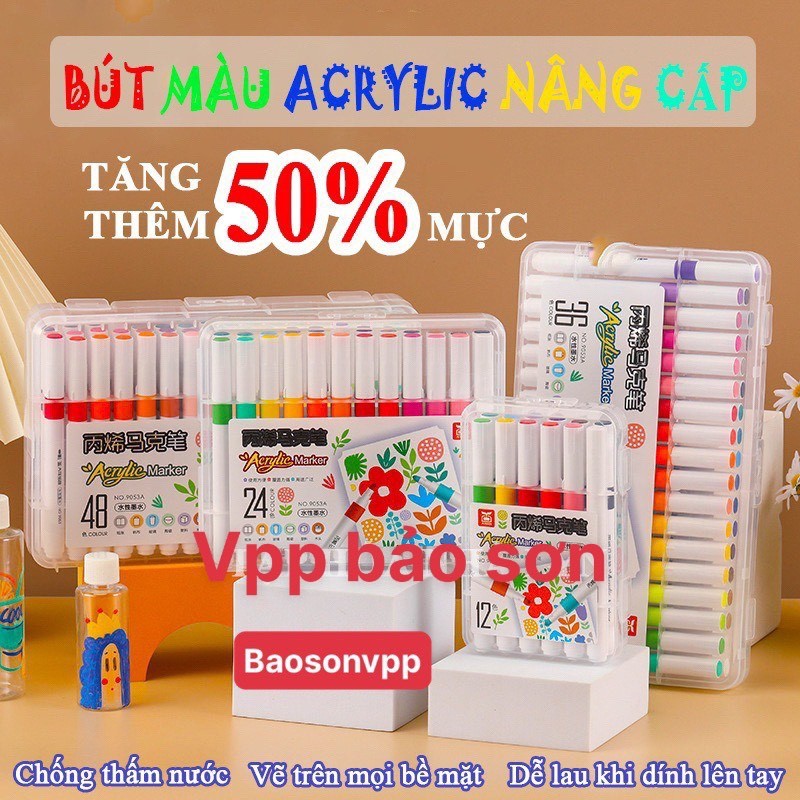 Bút acrylic marker 12/24/36/48/60 màu ko lem trên giấy, bút màu nước, bút vẽ đa năng trên mọi chất liệu 24 màu, 36 màu