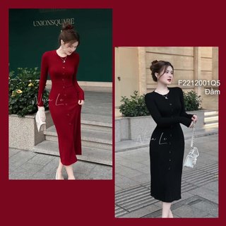 Đầm body thun tăm trơn màu phối nút tay dài ! CHAUS Boutique