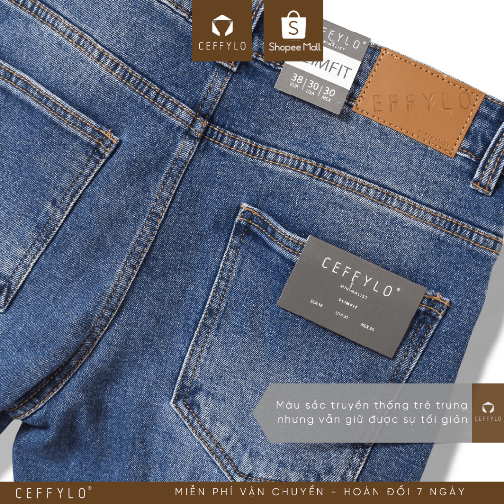 Quần Jeans trơn Xanh Đậm nam form slimfit trơn CEFFYLO chất Jean thun co giãn nhẹ