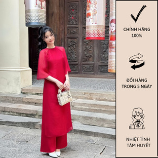 Bộ Áo Dài Cách Tân Dáng Suông Phối Nút Bọc Tay Lửng + Quần - C0851