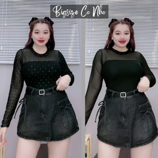 Áo thun nhũ lưới Bigsize nữ cao cấp tay dài kèm áo quây co giãn croptop đen quý phái quyến rũ thời trang- G235
