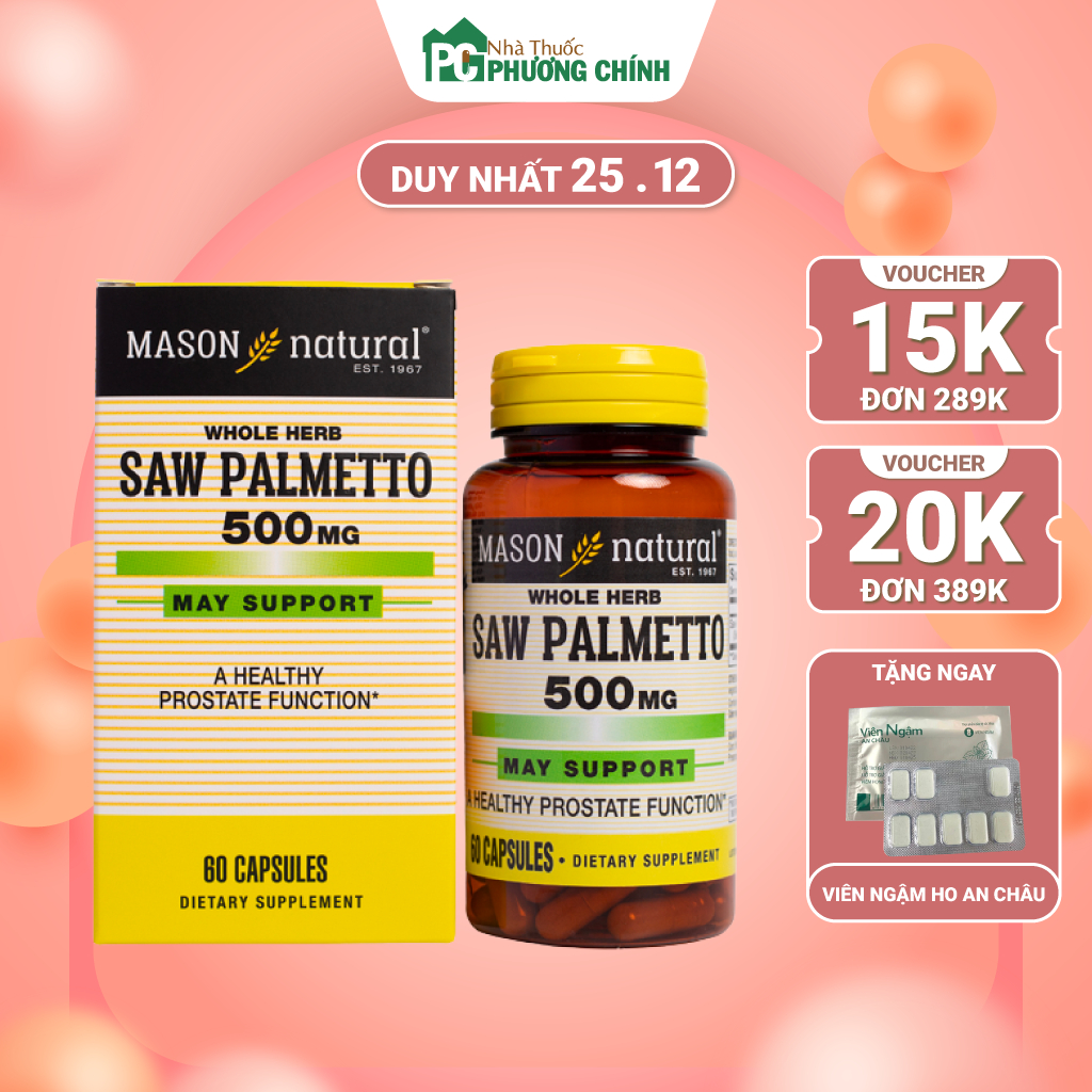 Viên Nang Mason Natural Saw Palmetto 500mg Hỗ Trợ Ngừa Phì Đại Tiền Liệt Tuyến Hộp 60 Viên