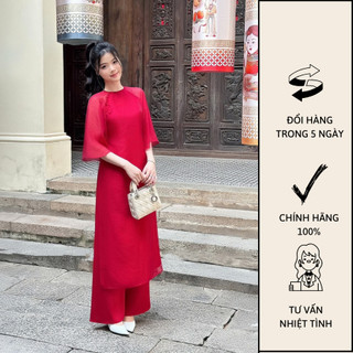 (Áo Dài Kèm Quần) Dáng Suông Nút Bọc Tay Lửng Phong Cách Cách Tân - M0851