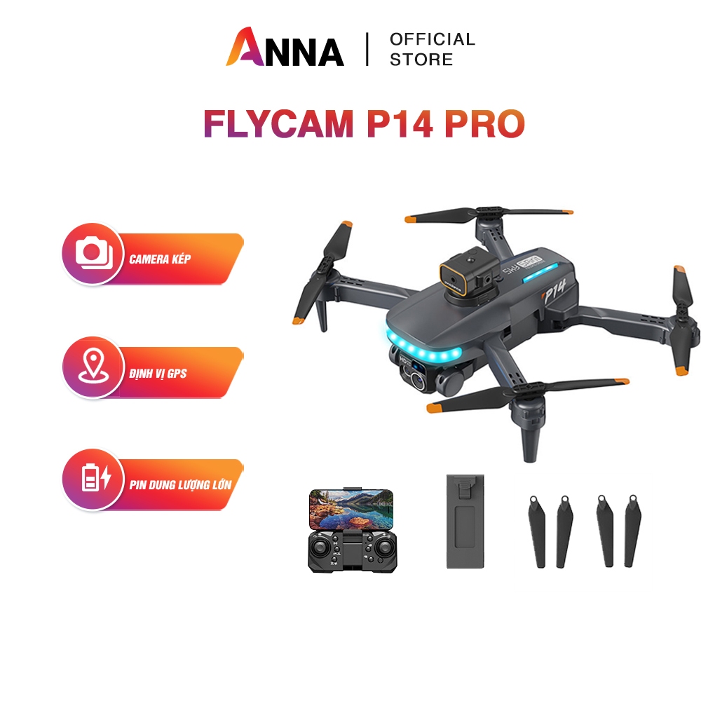 Flycam máy bay điều khiển từ xa Flycam mini P14 dung lượng pin 1800 mAh, camera kép góc rộng 120 độ GD518