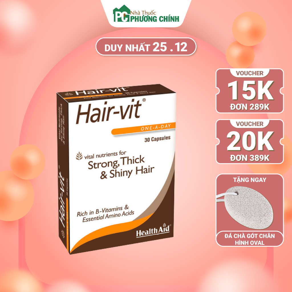 Viên Uống Mọc Tóc HealthAid Hair-Vit Giúp Giảm Rụng Tóc, Kích Thích Tóc Mọc Dày & Bóng Mượt (Hộp 30 Viên)