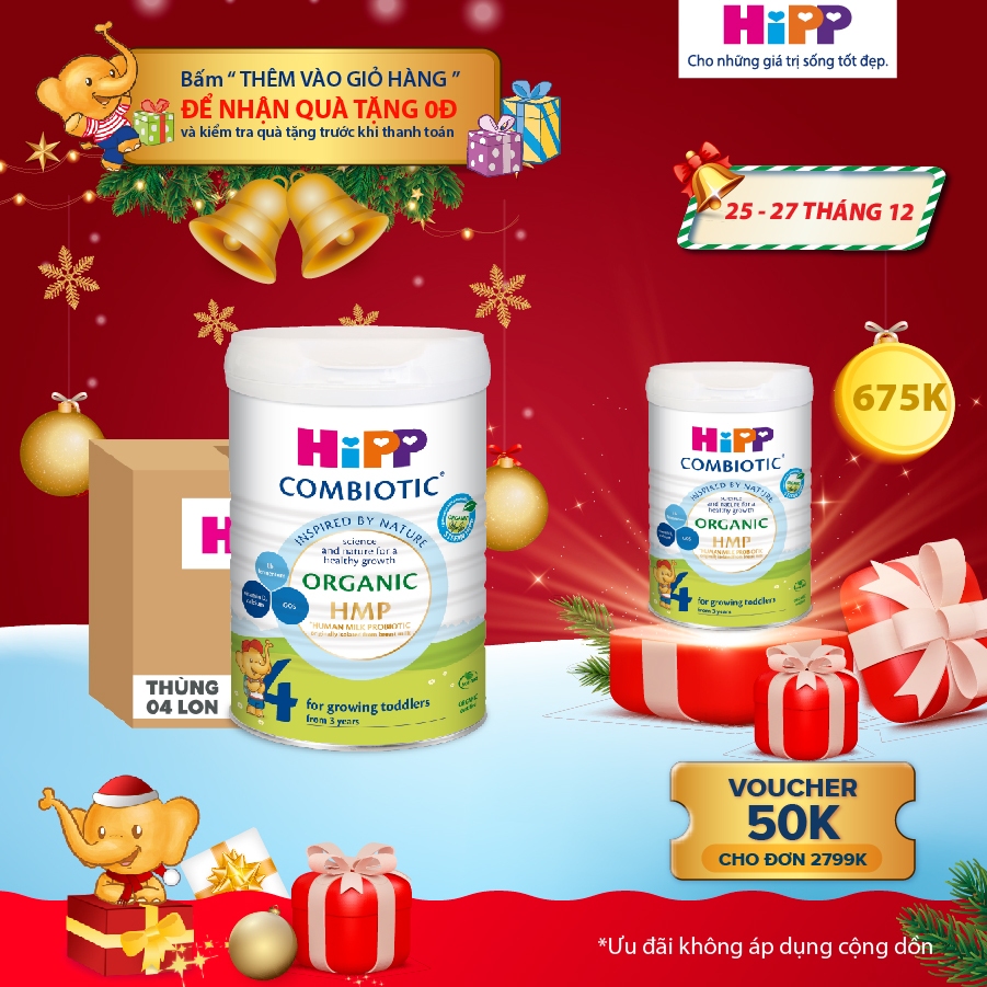 Thùng 4 lon Sữa bột công thức HiPP 4 Organic Combiotic 800g dành cho trẻ từ 3 tuổi (4 lon x 800g)