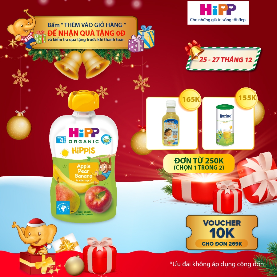 Dinh dưỡng 100% Trái cây nghiền Organic HiPPiS (Táo, Lê, Chuối) 100g
