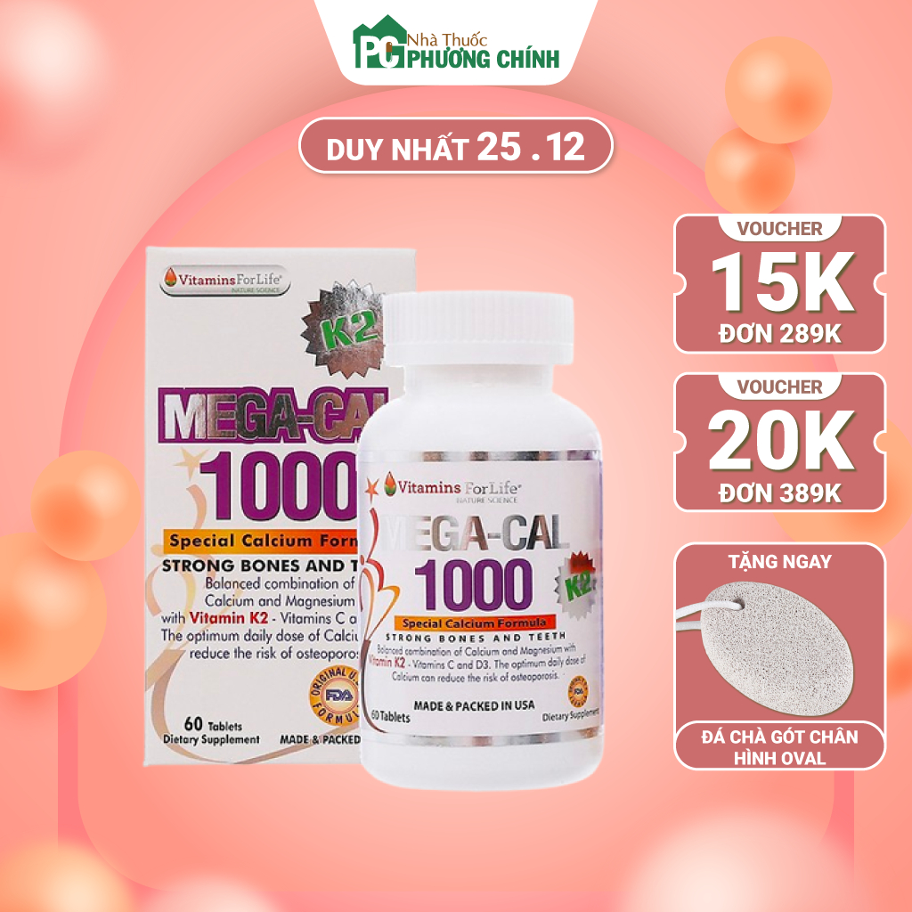 Canxi Mega Cal K2 1000 Vitamins For Life - Bổ Sung Calcium & Vitamin Giúp Ngăn Ngừa Loãng Xương, Còi Xương