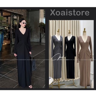  Đầm Body Dáng Dài Váy Body Cổ V Nhún Eo Tay Dài Phong Cách Sang Chảnh Thanh Lịch Xoaistore 