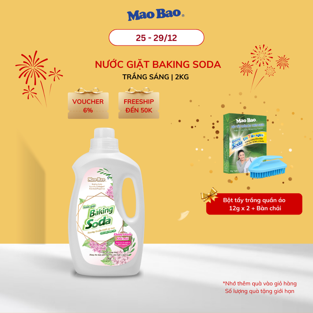 Nước giặt khử mùi Baking soda Mao Bao 2Kg cho da nhạy cảm, ít bọt dễ giặt xả, dùng cho cửa trên và cửa trước